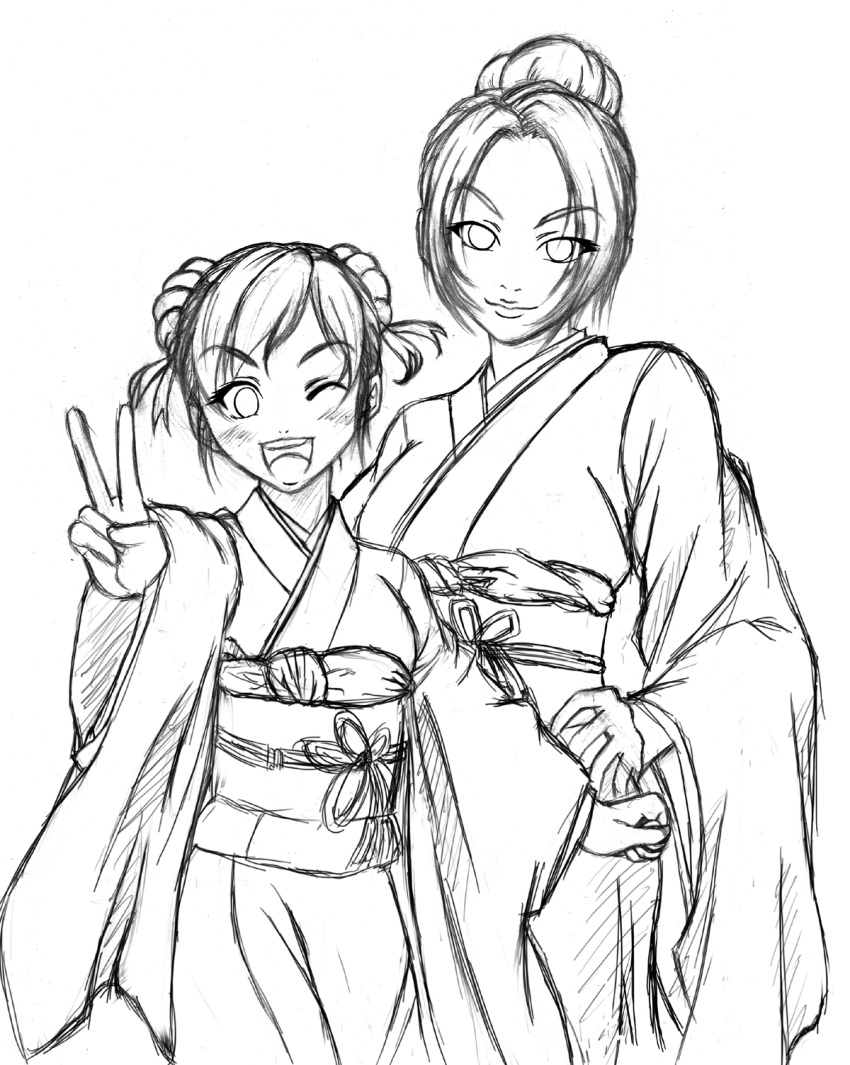 2girls, alternate_hairstyle, blush, double_bun, eileen, hair_bun, hand_on_hip, height_difference