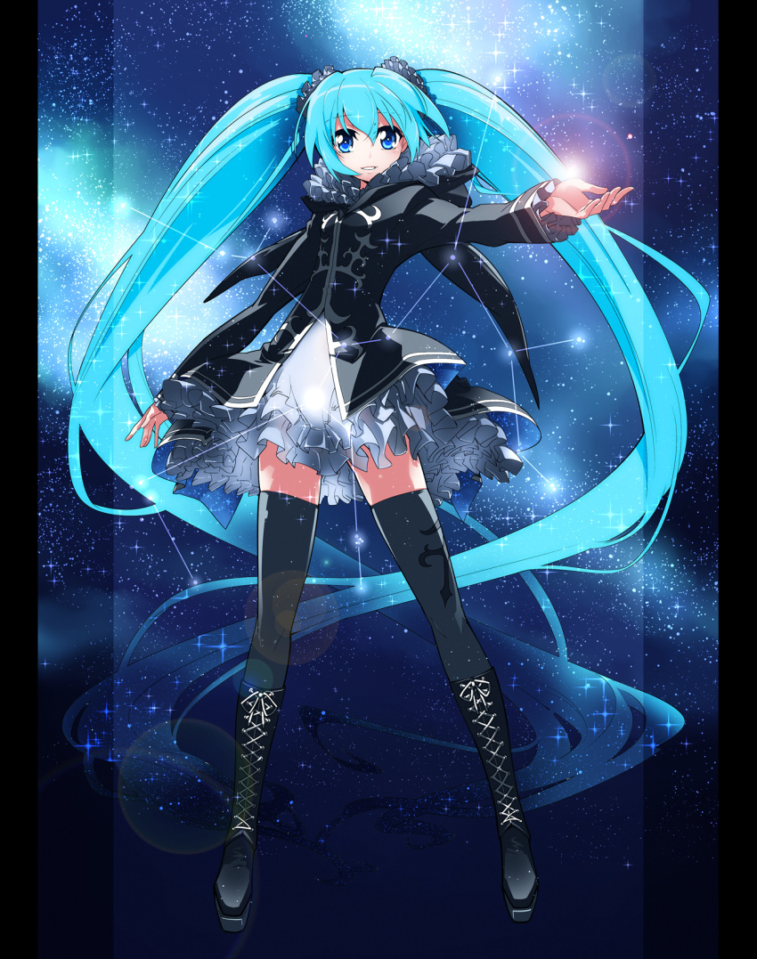 aqua_hair, black_legwear, blue_eyes, boots, constellation, cross-laced_footwear, dress, hatsune_miku
