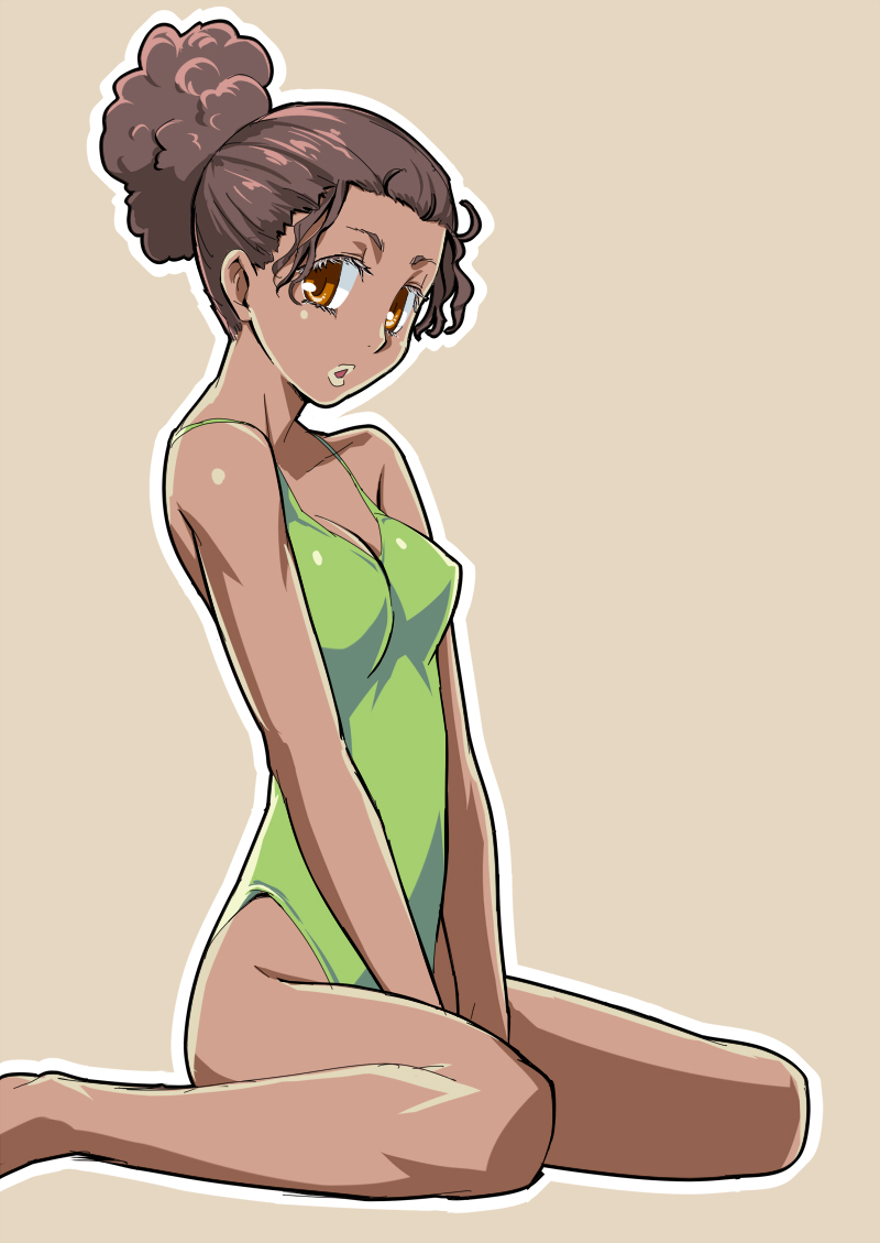 brown_eyes, brown_hair, dark_skin, eyelashes, hair_bun, hairbun, imada_kozue, lips