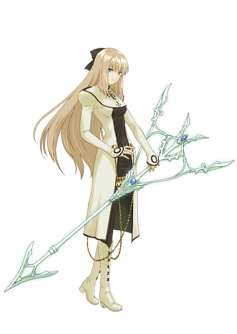 black_legwear, blue_eyes, boots, bow, cyril, cyrille, dress, hair_bow, knee_boots, long_hair, official_art, pantyhose, project_x_zone, shining_(series), shining_force_exa, solo, sword, weapon, white_dress