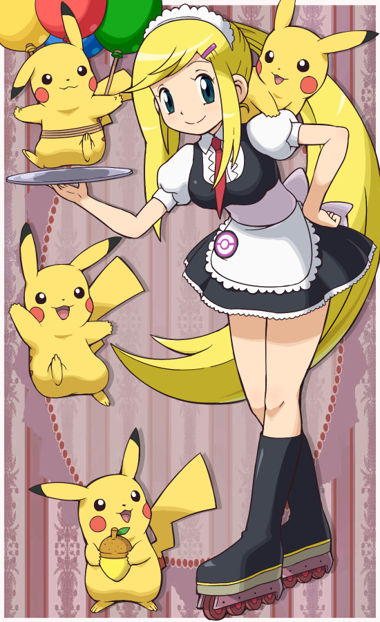 acorn, apron, balloon, blonde_hair, boots, chris_(pokemon_battrio), green_eyes, hair_ornament, hairclip, hand_on_hip, headdress, inline_skates, knee_boots, light_smile, long_hair, looking_at_viewer, maid_headdress, miniskirt, necktie, pikachu, pokemoa, pokemon, pokemon_(creature), pokemon_(game), pokemon_battrio, ponytail, puffy_sleeves, roller_skates, skates, skirt, standing, tray, waist_apron, waitress