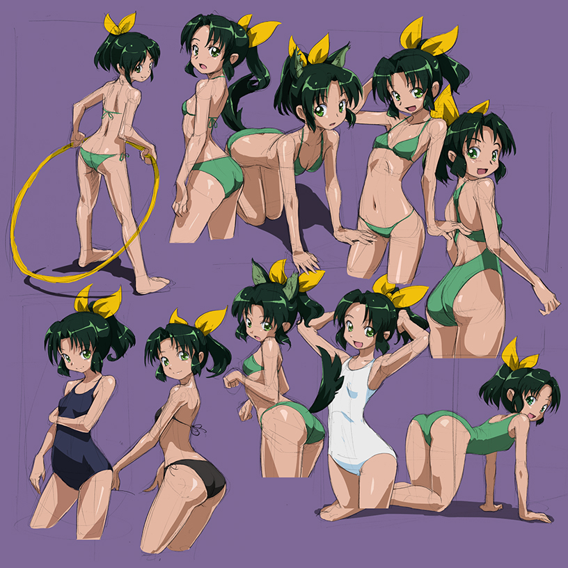 :d, all_fours, animal_ears, ass, barefoot, bikini, black_bikini, competition_swimsuit