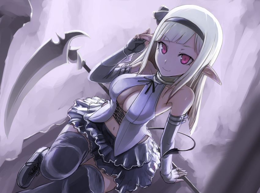 arm_support, bare_shoulders, black_legwear, boots, breasts, cleavage, demon_tail, elbow_gloves