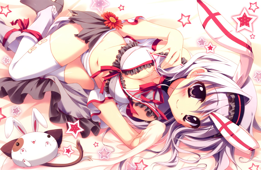 amaha_miu, animal_ears, bed_sheet, bra, breasts, bunny_ears, cleavage, flower