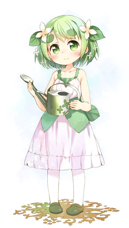 blush, child, clover, dress, eyebrows, flower, green_eyes, green_hair