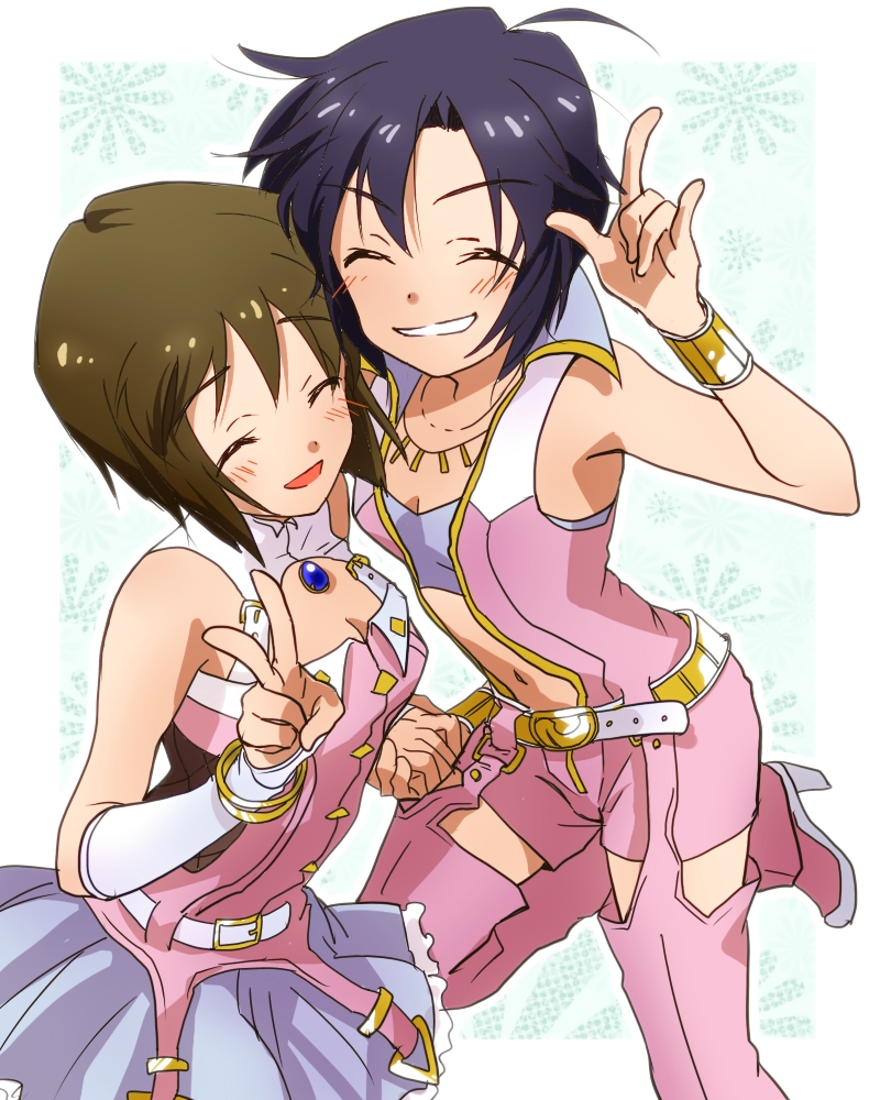 black_hair, brown_hair, cool_&amp;_sexy_(idolmaster), dress, grin, hagiwara_yukiho, hotate_(suikaneko), idolmaster, jewelry, kikuchi_makoto, necklace, short_hair, smile, v