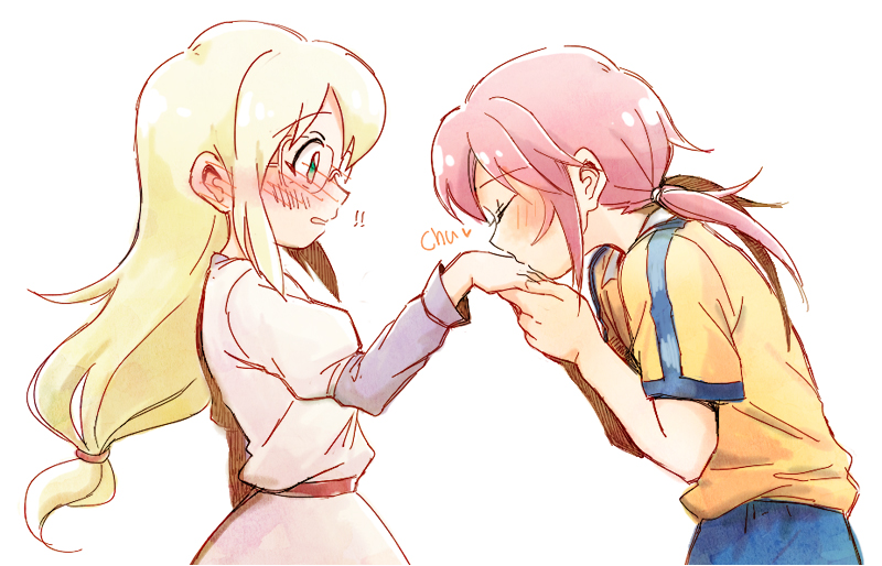 1girl, blonde_hair, blue_eyes, blush, dress, glasses, green_eyes, gz_(gzxd)