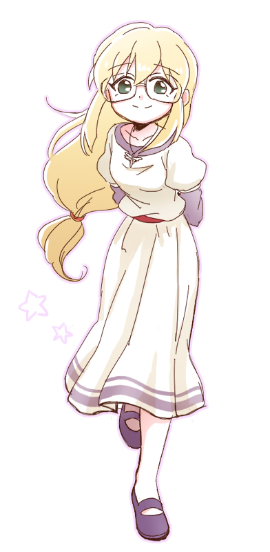 arms_behind_back, blonde_hair, dress, glasses, green_eyes, gz_(gzxd), inazuma_eleven, inazuma_eleven_(series)