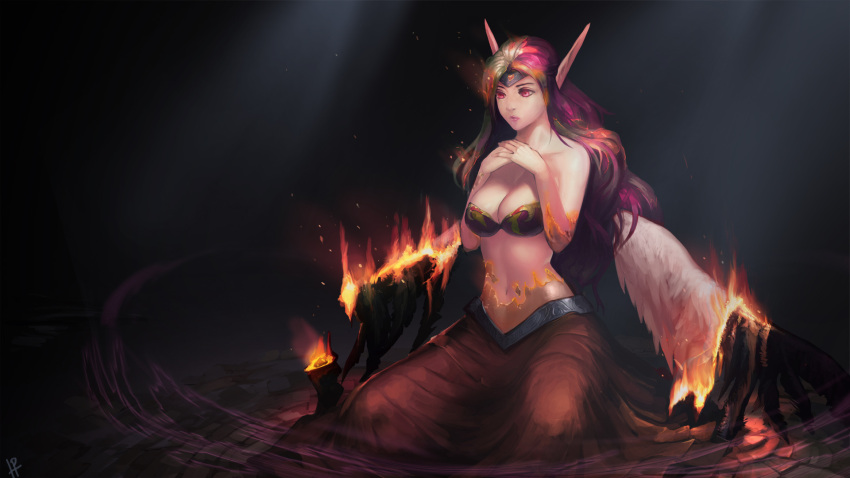 black_wings, breasts, burning, burning_hair, circlet, cleavage, fire, highres