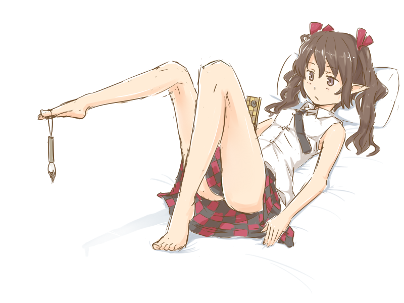 bare_legs, barefoot, brown_hair, calligraphy_brush, cellphone, checkered, checkered_skirt, foot_hold