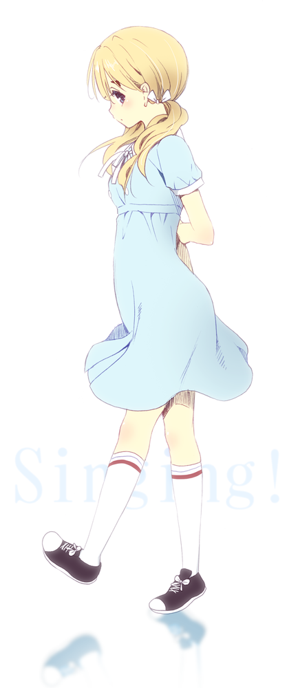 arms_behind_back, bad_id, blonde_hair, blue_eyes, dress, k-on!, k-on!_movie, komi_zumiko