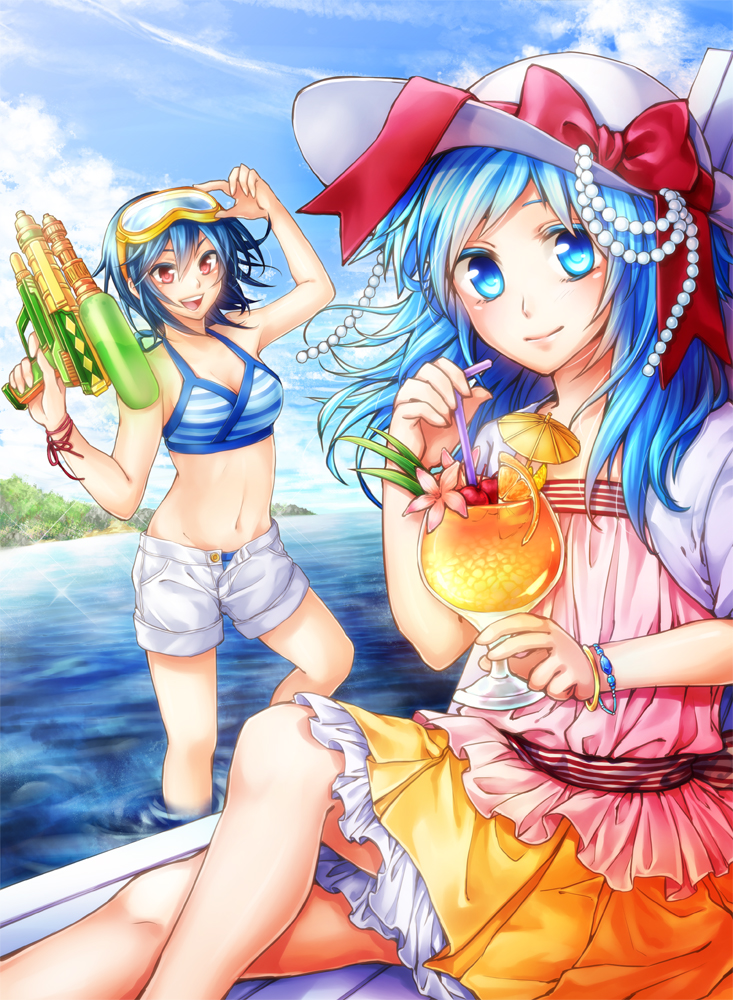 bangle, bikini, blue_eyes, blue_hair, blush, bow, bracelet, cherry