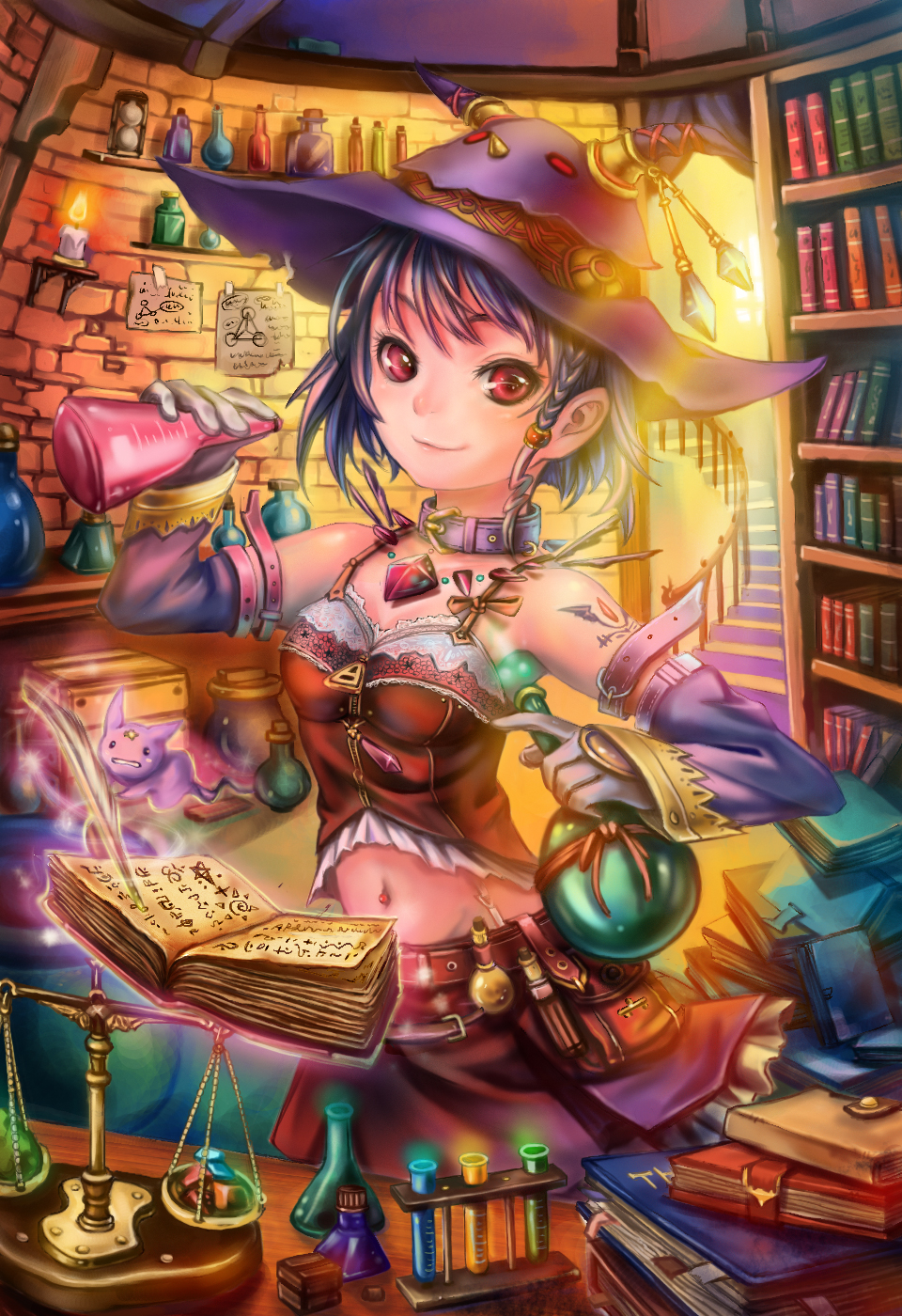 black_hair, book, bookshelf, braid, candle, collar, desk, elbow_gloves, flame, gem, gloves, hat, highres, holding, hourglass, looking_at_viewer, midriff, moemi_tobi, mound_of_venus, navel, open_book, original, quill, red_eyes, scale, short_hair, single_braid, smile, solo, stairs, vial