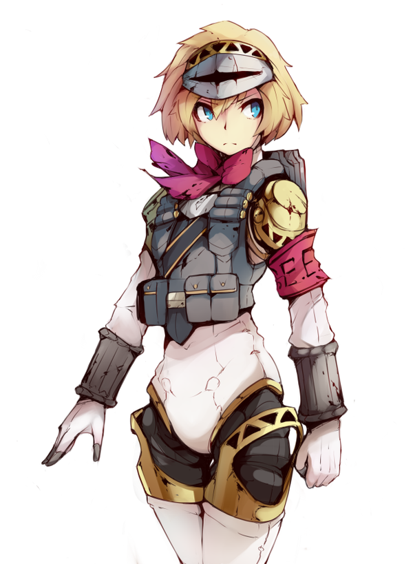 aegis, android, armband, blonde_hair, blue_eyes, bow, cowboy_shot, crack