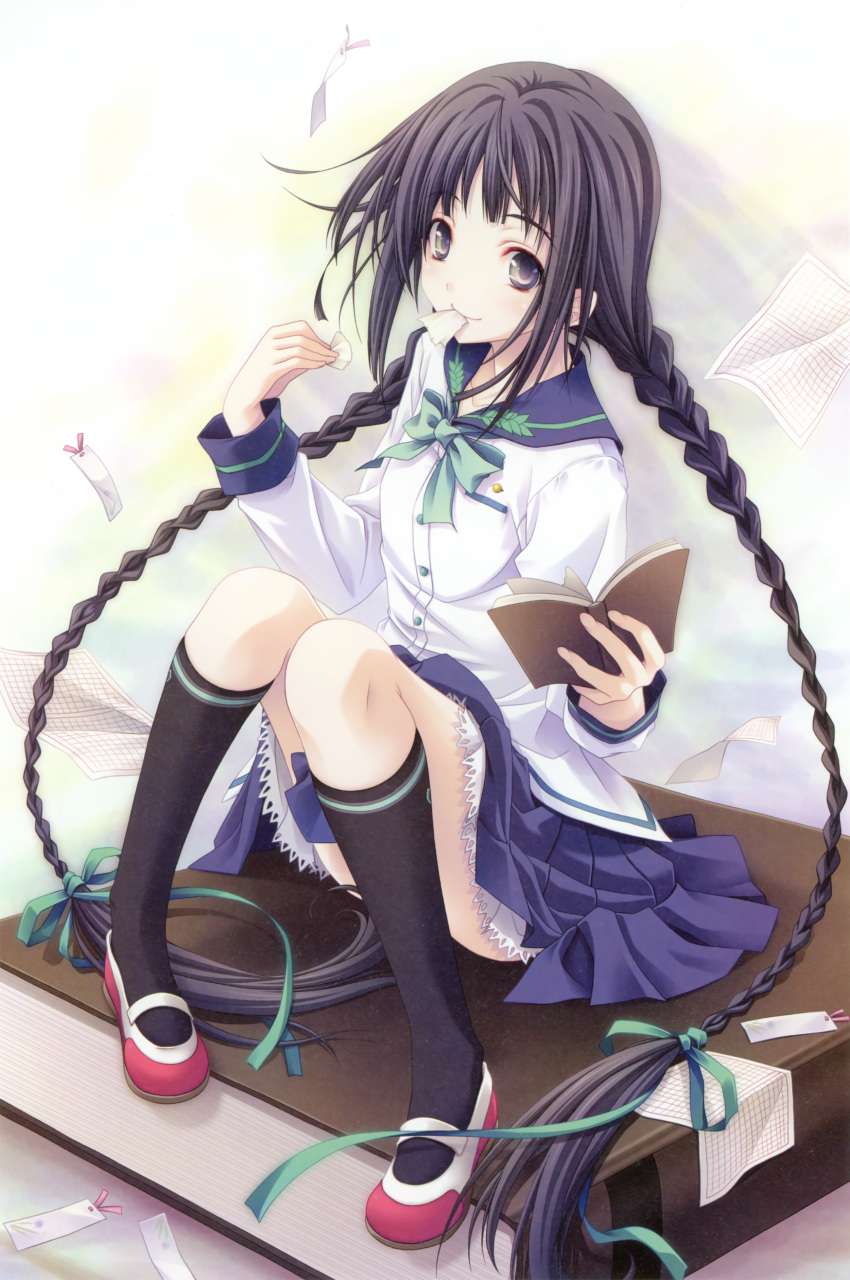 absurdres, amano_tooko, book, bookmark, braid, bungaku_shoujo, eating, highres