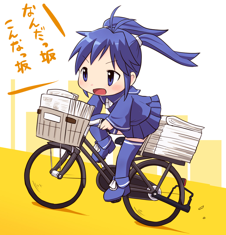 bicycle_riding, blue_eyes, blue_hair, blue_legwear, chibi, imaichi_moenai_ko, kobe_shinbun, long_hair