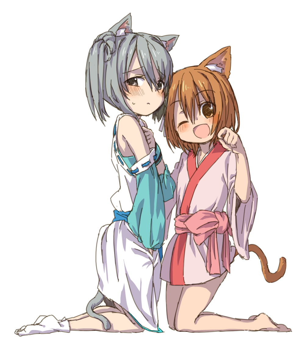 :<, ;d, animal_ears, barefoot, blush, brown_eyes, brown_hair, cat_ears