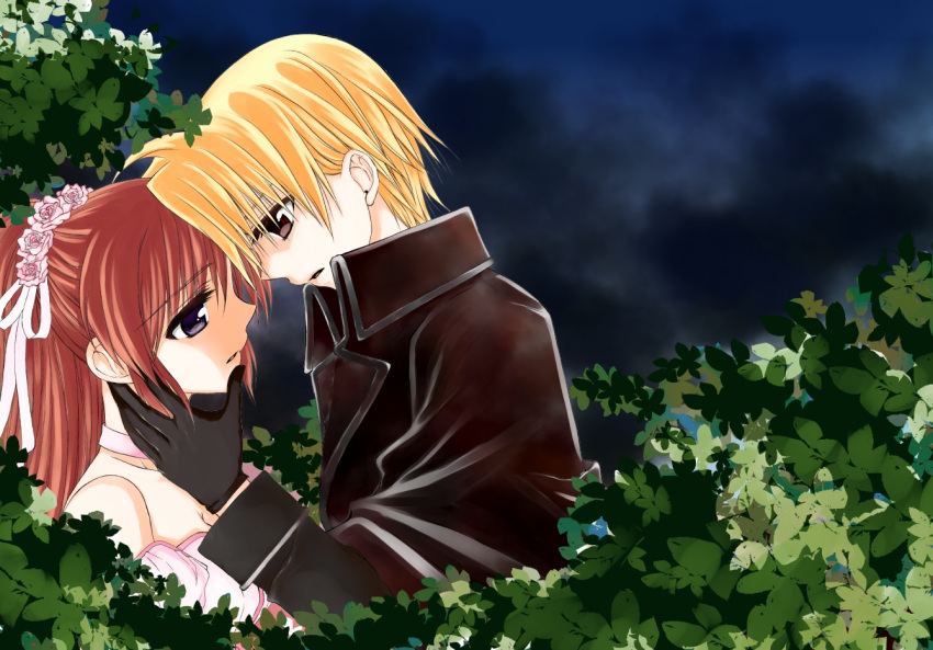 1boy, 1girl, alternate_hairstyle, bare_shoulders, blonde_hair, breasts, brown_hair, choker