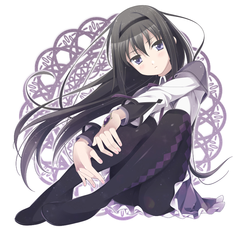 akemi_homura, argyle, argyle_legwear, black_hair, frown, hairband, head_tilt, long_hair
