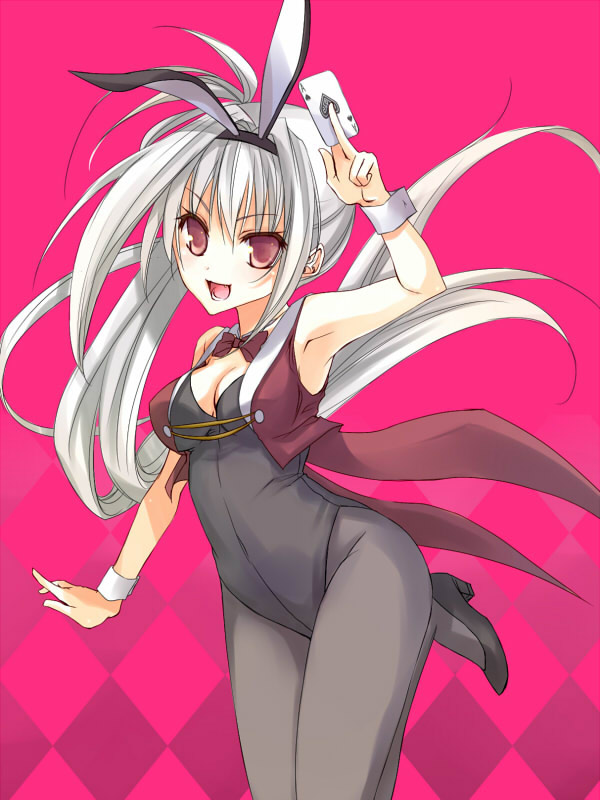 animal_ears, band093, bowtie, bunny_ears, bunnysuit, card, detached_collar, dracu-riot!, elena_olegovna_owen, long_hair, pantyhose, playing_card, ponytail, rabbit_ears, red_hair, redhead, silver_hair, tailcoat, vest, wrist_cuffs