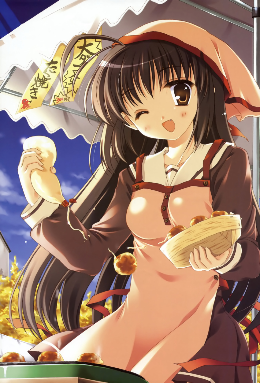 ;d, absurdres, apron, brown_eyes, brown_hair, copyright_request, fang, fixed