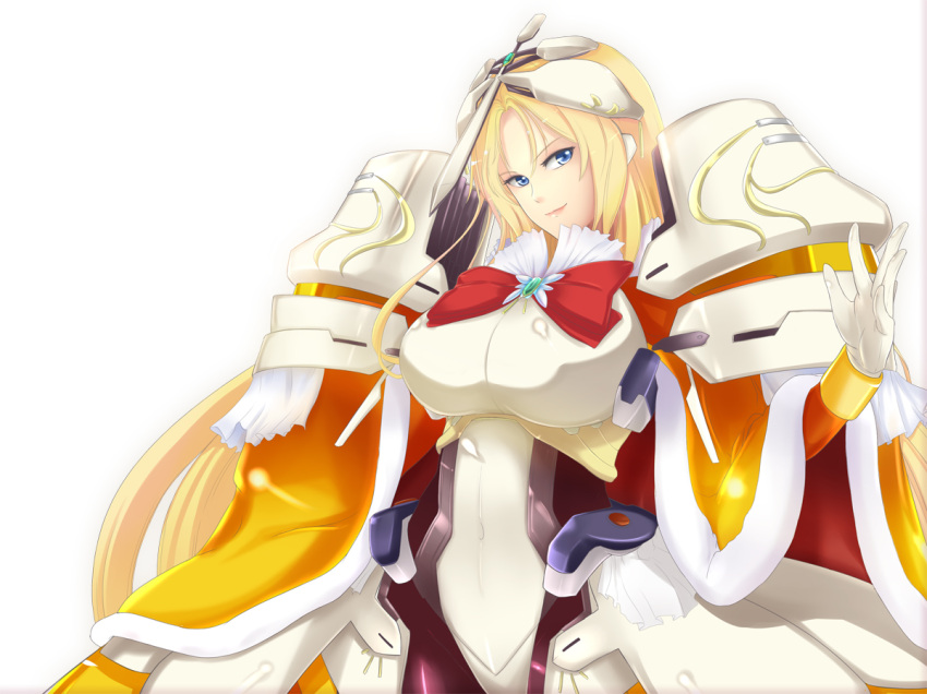 armor, blonde_hair, bodysuit, bow, elizabeth_(horizon), gloves, headpiece, kyoukai_senjou_no_horizon, large_breasts, long_hair, pantyhose, smile, solo, srkh