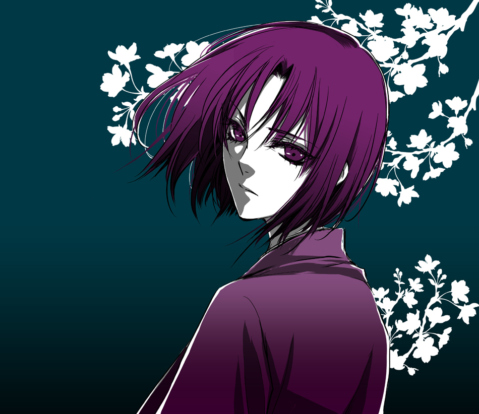 blue_background, japanese_clothes, kara_no_kyoukai, kimono, partially_colored, purple_eyes, purple_hair, ryougi_shiki, short_hair, solo, violet_eyes, you84