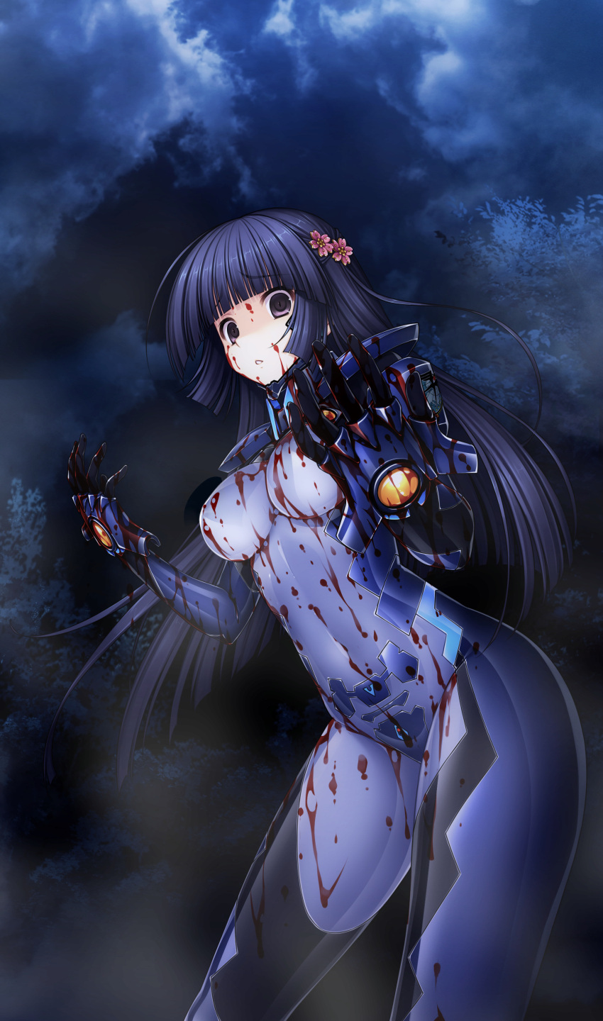 1girl, absurdres, bangs, blood, blood_on_face, bloody_clothes, blue_hair, bodysuit