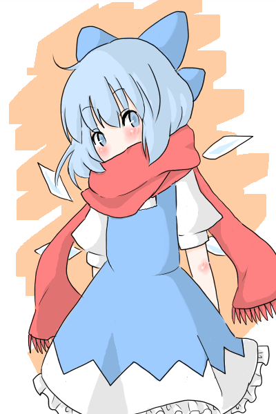1girl, blue_eyes, blue_hair, blush, cirno, dosei, dress, frills
