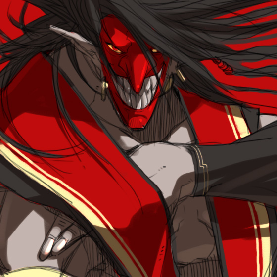 black_hair, falcoon, long_hair, male, mask, muscle, red_eyes, samurai_shodown