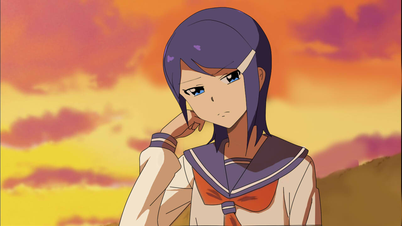 blue_eyes, blue_hair, danshi_koukousei_no_nichijou, female, hair_ornament, idolmaster, idolmaster_dearly_stars, mizutani_eri, nisedaiti, parody, school_uniform, serafuku, solo, style_parody, sunset
