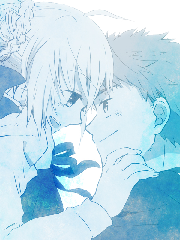 1girl, ahoge, blue, braid, couple, emiya_shirou, fate/zero, fate_(series), hair_ribbon, md5_mismatch, nokokoro, ribbon, saber, smile
