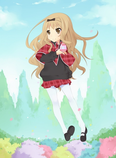 bow, brown_eyes, child, hairband, long_hair, mashiro_rima, pantyhose, plaid