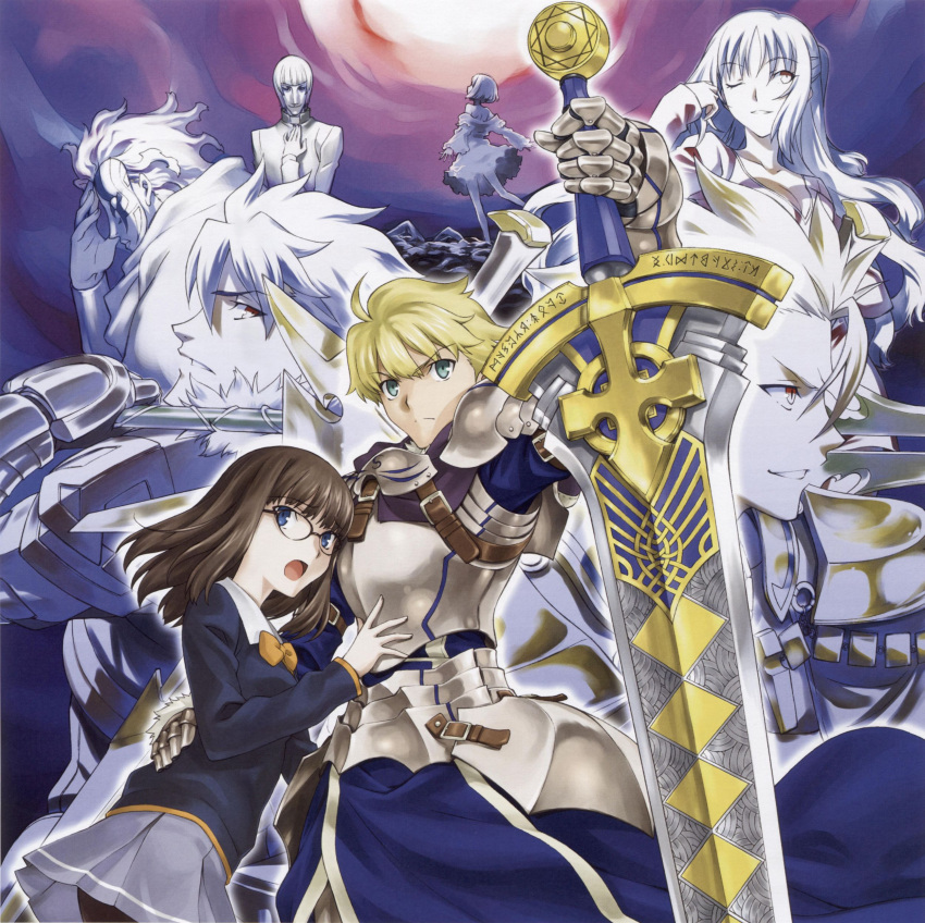 5boys, absurdres, archer_(fate/prototype), armor, artist_request, blonde_hair, blue_eyes, brown_hair, excalibur_(fate/prototype), fate/prototype, fate_(series), full_moon, glasses, green_eyes, highres, lancer_(fate/prototype), long_hair, mask, moon, morita_kazuaki, multiple_boys, multiple_girls, open_mouth, reiroukan_misaya, rider_(fate/prototype), saber_(fate/prototype), sajou_ayaka, sajou_manaka, sancraid_phahn, short_hair, smile, sword, weapon