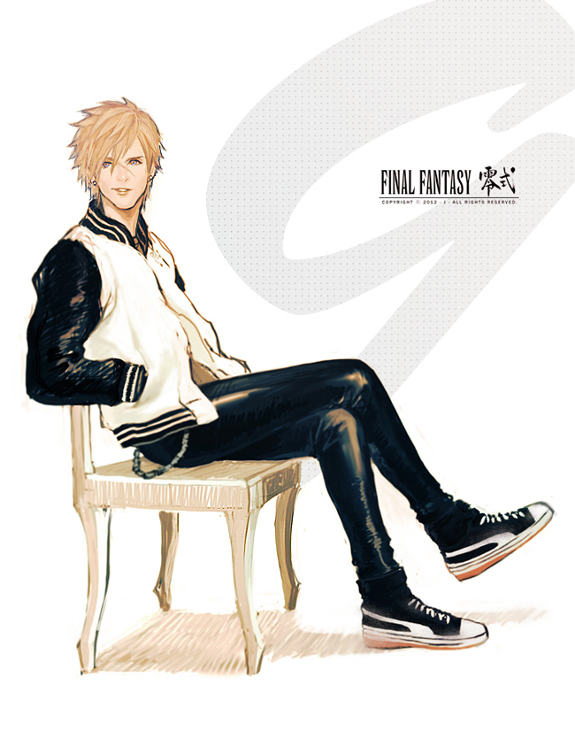 1boy, blonde_hair, blue_eyes, casual, chair, final_fantasy, final_fantasy_type-0, hands_in_pockets, letterman_jacket, nine_(fft-0), onose1213, scar, shoes, sitting, sneakers, solo