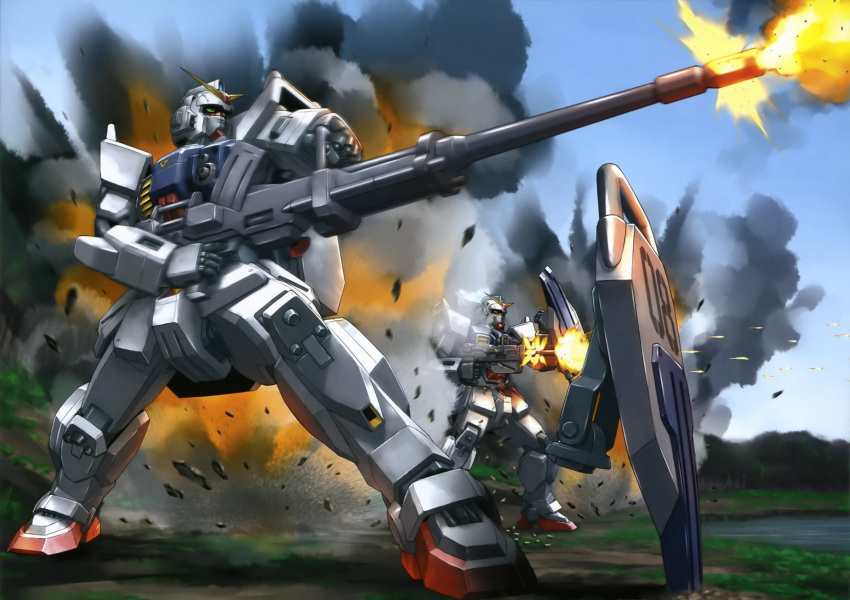explosion, ground_gundam, gun, gundam, gundam_08th_ms_team, highres, machine_gun, mecha