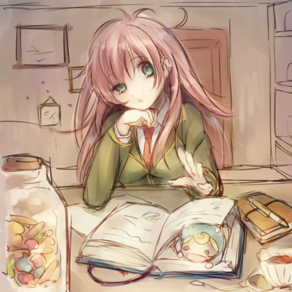 book, cup, fairy, fairy_(jintai), green_eyes, hat, jar, jinrui_wa_suitai_shimashita
