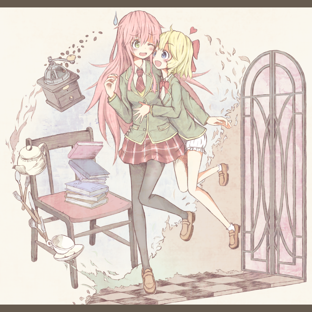 :d, blonde_hair, bloomers, blue_eyes, book, bow, chair, checkered