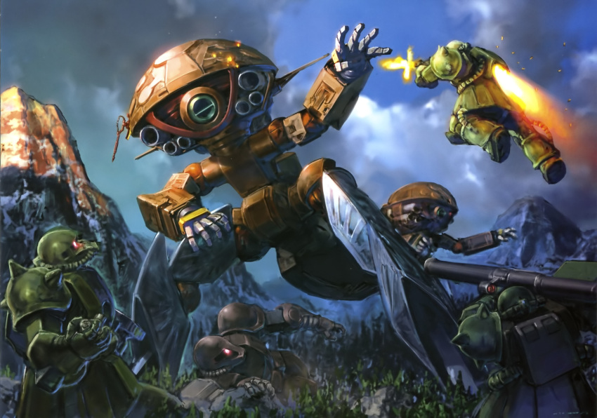 borjanon, borjarnon, cloud, epic, flying, gun, gundam, highres, jumping, machine_gun, mecha, mountain, official_art, plant, realistic, science_fiction, size_difference, tree, turn_a_gundam, wadom, weapon, zaku_i, zaku_ii