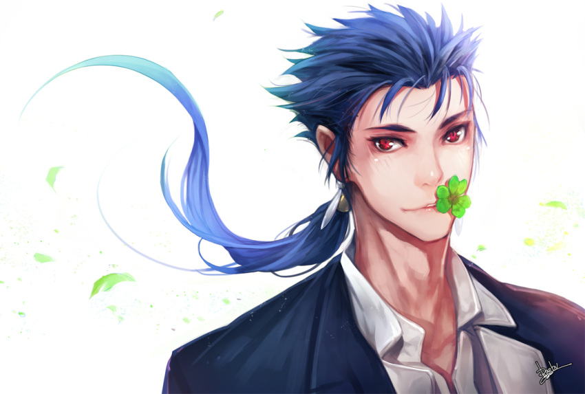 blue_hair, clover, earrings, fate/stay_night, fate_(series), formal, four-leaf_clover, jewelry