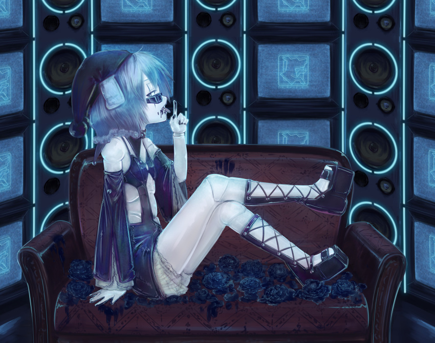 blue_eyes, blue_hair, boots, couch, cross-laced_footwear, detached_sleeves, fang, finger_licking