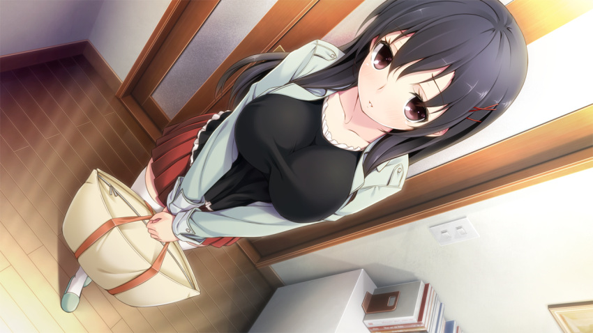 bag, black_hair, book, book_stand, breasts, brown_eyes, character_request, collarbone, door, dutch_angle, game_cg, hair_ornament, hairclip, hinasaki, holding, jacket, large_breasts, long_hair, parted_lips, skirt, smile, solo, tagme_(character), thigh-highs, thighhighs, tsuisou_no_augment, umekawa_shiho, v_arms, white_legwear, zettai_ryouiki
