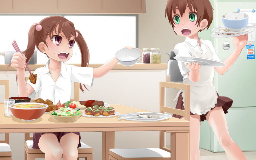 1girl, androgynous, apron, blush, brother_and_sister, brown_eyes, brown_hair, chopsticks