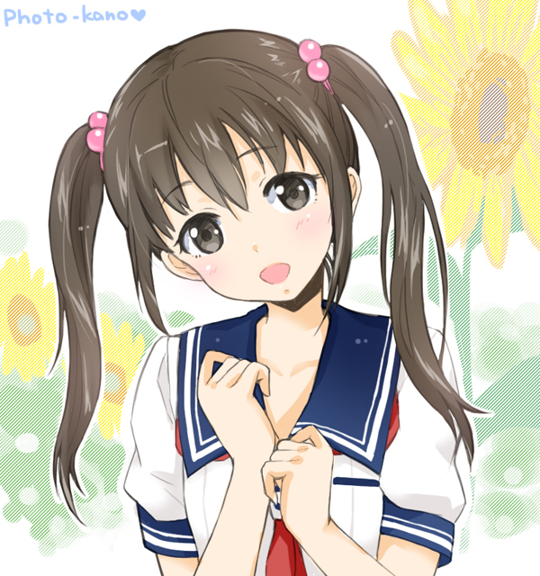 :d, black_eyes, black_hair, flower, hair_bobbles, hair_ornament, kaya_(c14), open_mouth