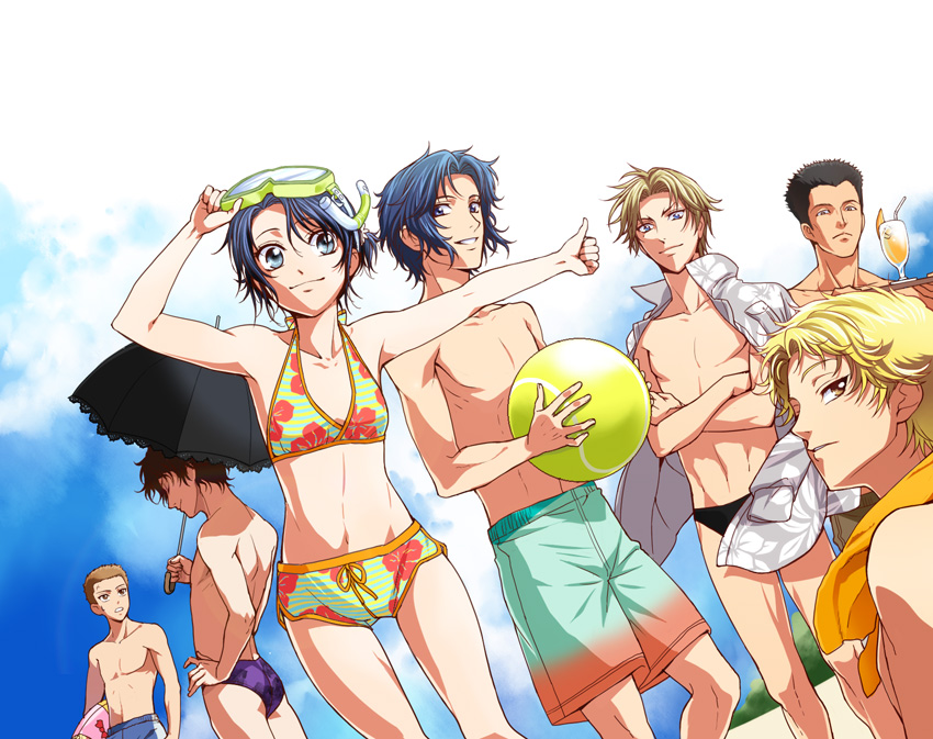 6+boys, ball, beachball, bikini, character_request, chikariya, dutch_angle, innertube