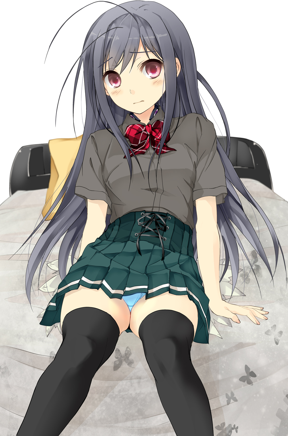 antenna_hair, black_hair, hasshin_aki_ichi, highres, kuroyukihime, panties, purple_eyes, school_uniform