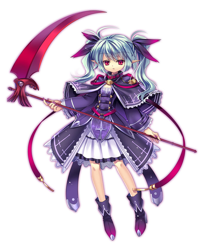 capura_lin, death_(entity), greek_mythology, long_hair, pointy_ears, purple_eyes, red_eyes, scythe