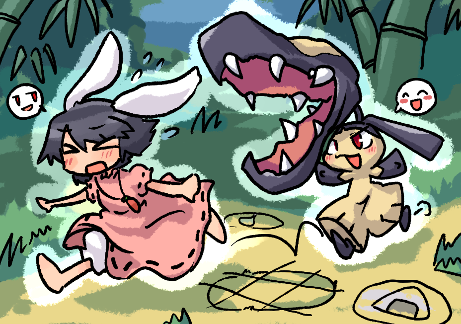 1girl, bamboo, bamboo_forest, barefoot, bloomers, blush, chasing, chibi