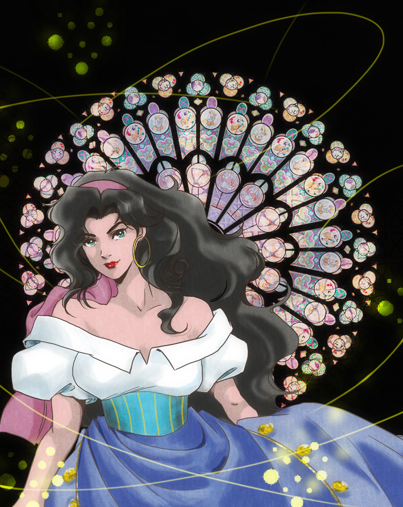 >:), aqua_eyes, bare_shoulders, black_hair, earrings, esmeralda_(disney), gypsy, hairband