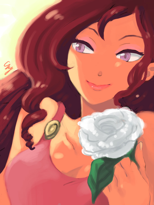 1girl, asylum, brown_hair, disney, eyeshadow, flower, hercules_(disney), lavender_eyes, light_smile, looking_away, makeup, megara_(disney), rose, solo, white_rose